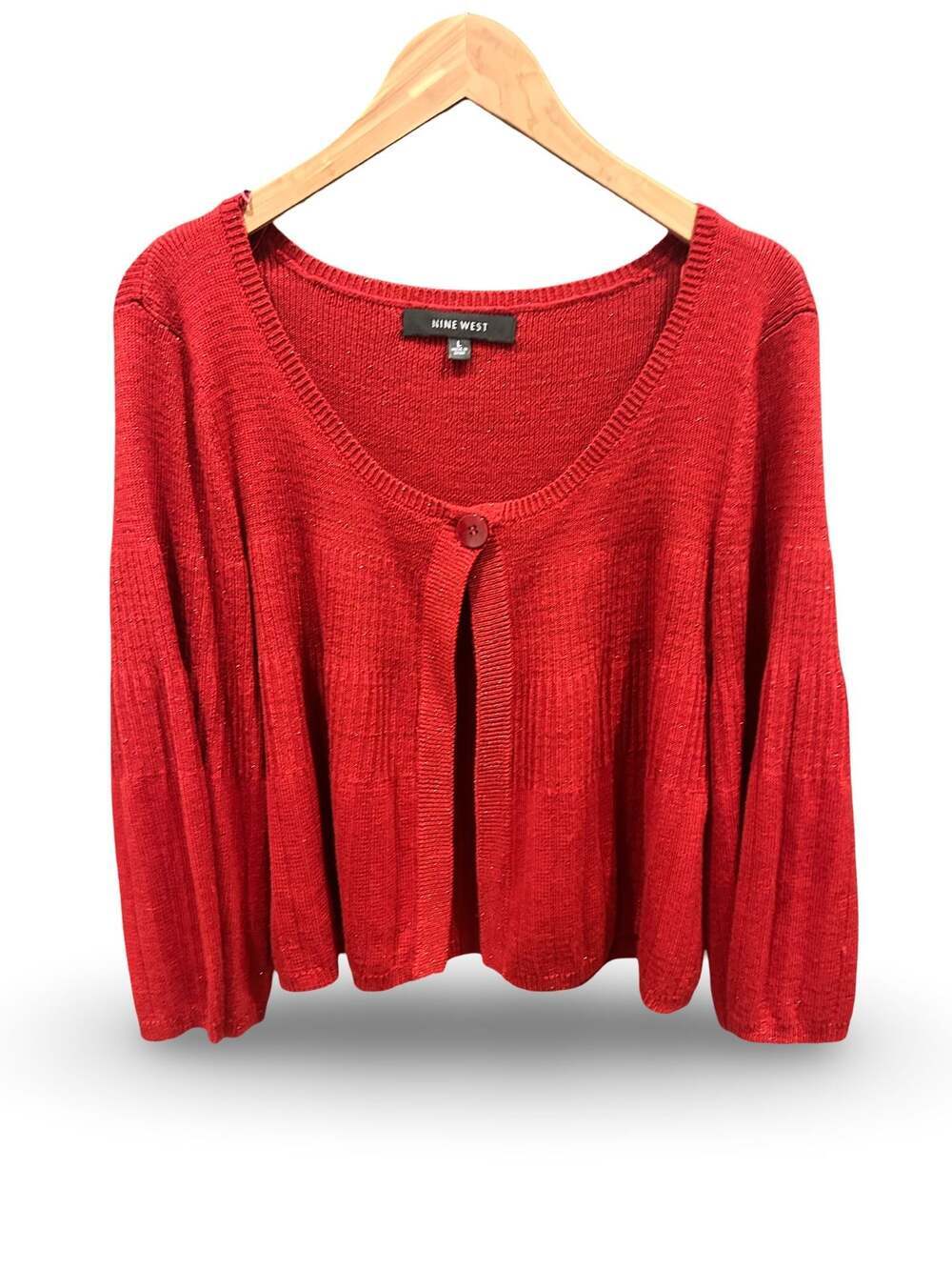 Nine West Women's Red Shimmer Ribbed Knit Single Button Bell Sleeve Cardigan